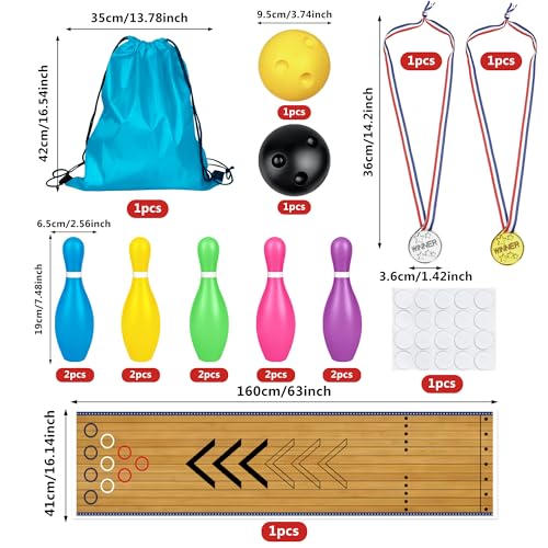 Mini Bowling Set Indoor Outdoor Indoor Bowling Set with Guide Arrow Mat Gold and Silver Medal Backpack Dispensing - color: Colorful