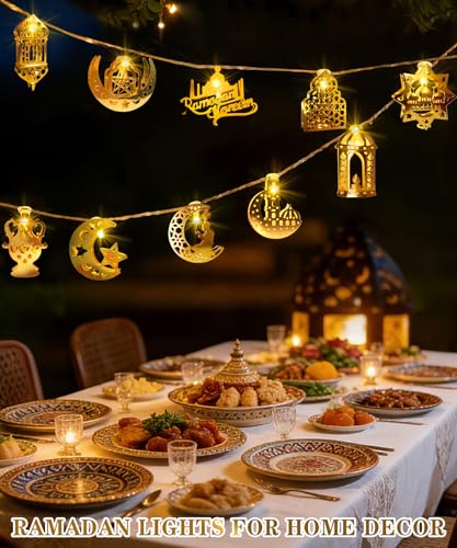 Ramadan Eid Mubarak Lights, 10 LED Battery Operated Eid Mubarak Lights with Metal Moon Star Lantern Ramadan Kareem, Islamic Home Decor for Bedroom Mantle Window Tree Fireplace Party - style: Vintage