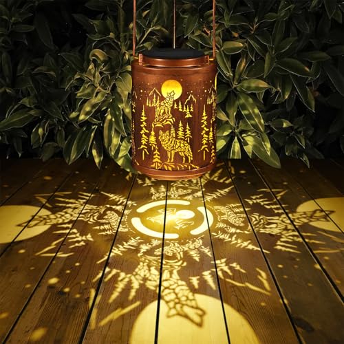 Solar Lanterns Garden Decor Birthday Gifts for Women Mon Grandma Metal Hanging Solar Lights Waterproof Outdoor Decoration for Outside LED Lanterns for Yard Patio Lawn Pathway(Wolf) - style: Wolf