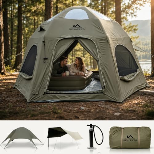 SENLEETO Inflatable Tents for Camping, Large Inflatable Camping Tent with Hand Pump, Easy Setup Tents for 4-6 People, Portable Glamping Tent - size: 177 Inch*177 Inch*98.4 Inch/6 -8 People