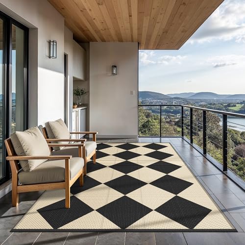 GENIMO Outdoor Rug for Patio Clearance, 6'x9' Reversible Geometric Plastic Straw Rugs, Lightweight Waterproof RV Camping Mat for Camper, Balcony, Deck, Backyard, Picnic, Black Beige - color: Black&beige-z, size: 6' x 9' (Rectangular)