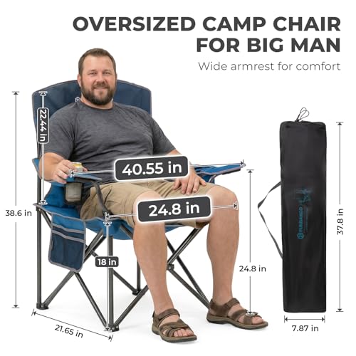 FUNDANGO Oversized Camping Chairs for Adults, Heavy Duty Fold Up Sports Games Lawn Chairs, Extra Wide Big Man Outdoor Chairs with Padded Lumbar Support Backrest, Bag Included for Camp, Outside, Beach - color: Blue/Grey With Lumber Support 1 Pack