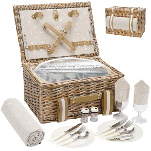 G GOOD GAIN Picnic Basket for 2 - Wicker Picnic Set with Waterproof Blanket| Large Picnic Hamper with Insulated Cooler & Cutlery Kit for Couples Camping,White Flower,15x11x7.5inch - color: White Flower