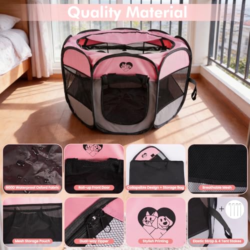 Dog Cat Playpen，Pet Cage - Indoor Outdoor, Portable Foldable Pop Up, Removable Zipper Top，Fits Dogs, Cats, Rabbits(Pink,S) - size: S
