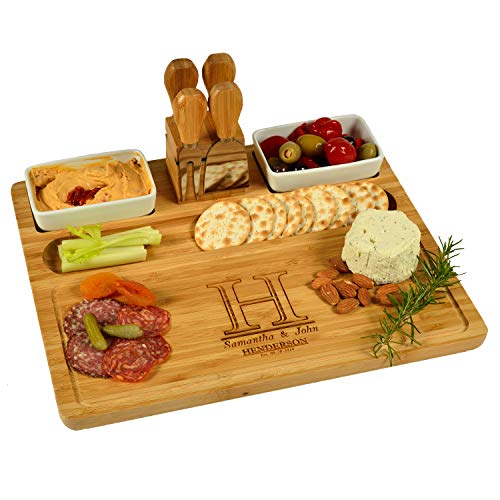 Picnic at Ascot Custom Personalized Engraved Bamboo Cheese/Charcuterie Cutting Board with Ceramic Bowls, Cheese Tools & Cheese Markers-Designed & Quality Checked in USA