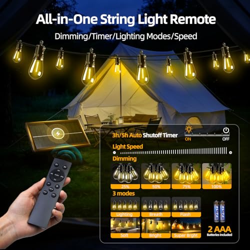 Solar Lights Outdoor Patio Lights: S14 30M 100FT Solar Powered Remote Control 3 Light Modes Dimmable Solar Waterproof Light - Shatterproof Bulbs - Camping Backyard Garden Deck Outside Yard - style: 100FT-Remote