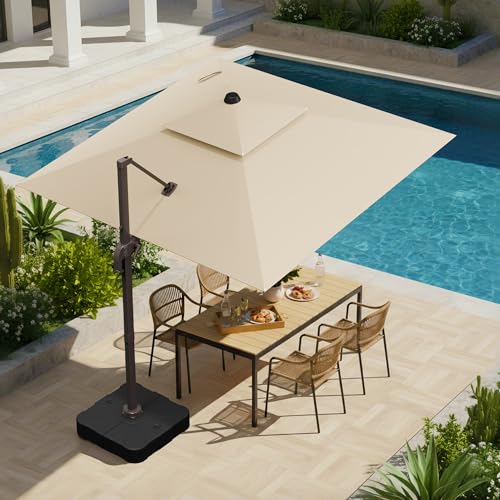 10x10 FT Patio Umbrella with Base, Large Cantilever Double Top Heavy Duty Offset Umbrellas with 360° Rotation, Outdoor shade for Garden Deck Pool, Beige - color: Beige, size: 10x10 FT with Base