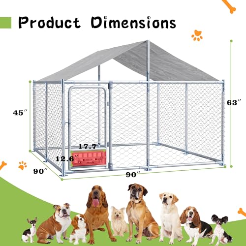Grepatio Outside Dog Kennel with 2 Rotating Feeder Bowls, 7.5'x7.5' Outdoor Dog Kennel with Waterproof, Dog Enclosure for Large Dogs, Dogs Kennels Run Dog Playpen Fence with Secure Lock (7.5x7.5 FT) - size: 7.5x7.5 FT