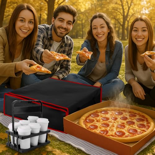Bodaon Insulated Pizza Bags for Delivery & Plastic Portable Drink Carrier, 20" x 20" x 6" ermicas/Heat Thermal Food Carrier for Hot and Cold Food, Large Warming Bag for Catering and Delivery, 1-Pack - color: Black-red Bag with Drink Carrier, size: 20" x 2