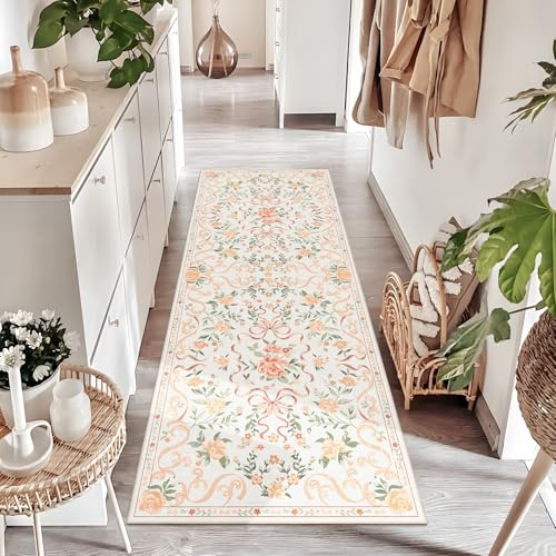 Washable Non-Slip Runner Rugs 2X6, Orange Rug Boho Farmhouse Bow Floral Area Rug for Hallway Kitchen Bedroom Beside Laundry Room Bathroom Rug, Low Pile Stain Resistant Soft Floor Carpet - color: Aa#orange (Bow Floral), size: 2' x 6' (Rectangular)