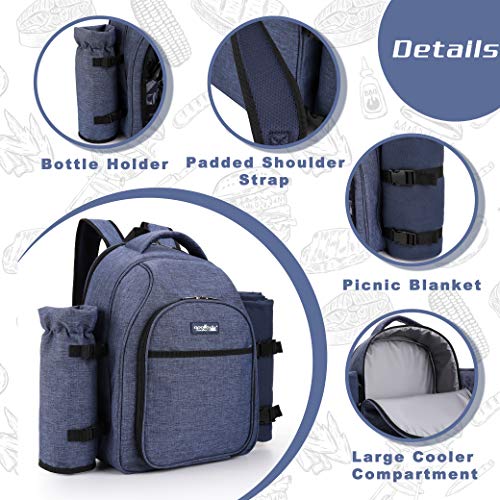 Apollo Walker Picnic Backpack Bag for 2 Person with Cooler Compartment, Detachable Bottle/Wine Holder, Fleece Blanket, Plates and Cutlery Set (2 Person, Navy) - color: Navy, size: 2 Person