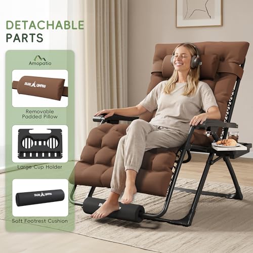 Amopatio Oversized Padded Zero Gravity Chair, XL 29In Reclining Camping Lounge Chair w/Removable Cushion&Headrest, Upgraded Lock and Footrest, Folding Patio Recliner for Indoor Outdoor, Brown - color: Brown XL, size: 29in