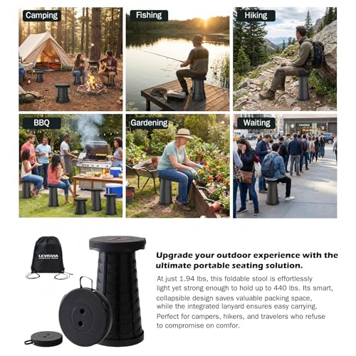 2026 Portable Folding Stool, 440lbs Capacity Telescopic Stool with Storage Bag - Lightweight & Sturdy Camping Chair for Hiking, Fishing, Garden, BBQ