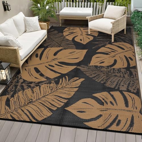 COZYLOOM Waterproof Outdoor Rug 9x18 Reversible Mats Modern Leaf Outdoor Patio Rug Outdoor Plastic Straw Rug for RV Camping Picnic Reversible Lightweight Plastic Straw Outside Rug, Black Brown - color: Leaf Black/Brown, size: 9'x18'
