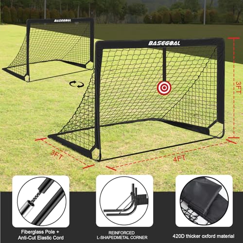 BaseGoal Soccer Goals for Backyard Set of 2, 4x3ft Kids Soccer Goal Portable Pop Up Soccer Net for Kids & Youth, Outdoor Soccer Training Equipment with Soccer Cones, Targets & Accessories