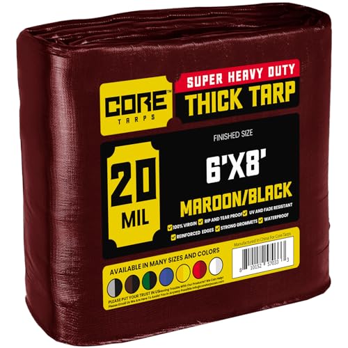 Core Tarps Extreme Heavy Duty 20 Mil Tarp Cover, Waterproof, UV Resistant, Rip and Tear Proof, Poly Tarpaulin with Reinforced Edges for Roof, Patio, Pool, Boat (Maroon/Black 6′ X 8′) - color: Maroon/Black-20 Mil, size: 6′ X 8′