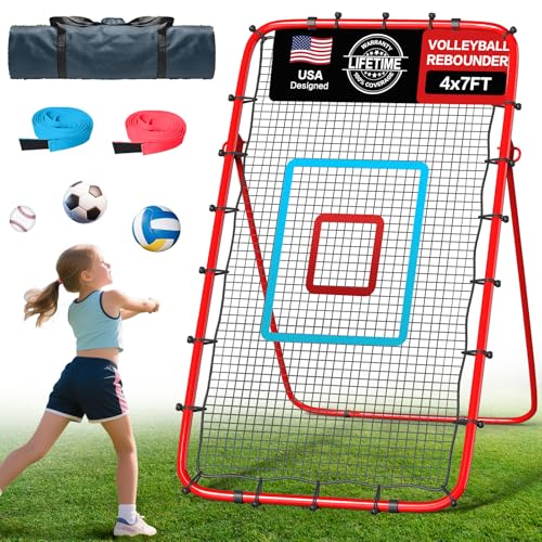 Volleyball Rebounder Net 7x4 Ft, 5-Angle Adjustable Rebounder Net for Practicing Digging, Setting, Spiking, Bounce Back Training Equipment with 2 Target Stripes & Portable Travel Bag for Storage - color: ABlackRED