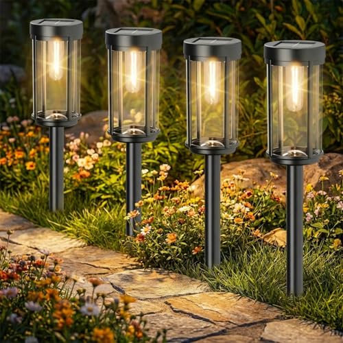 Sparkblaze 12 Pack Solar Pathway Lights Outdoor, Modern Classic Solar Garden Lights, Auto On/Off Landscape Lighting for Yard, Lawn, Patio, Walkway, Waterproof Solar Stake Lights. (12, Warm White)