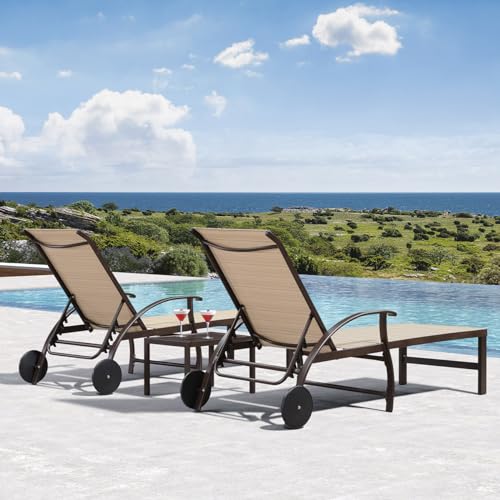 PURPLE LEAF Outdoor Chaise Lounge Chair Set of 3 Patio Pool Lounger Aluminum Chairs with Side Table and Wheels Adjustable Tanning Recliner for Outside Backyard Yard Deck Balcony Beach Light Khaki - color: Light Khaki, size: 2 Chairs with Wheels & 1 Table