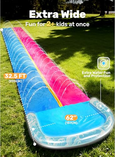 JOYIN 32.5FT Water Slide and 2 Inflatable Boards, Extra Long Heavy Duty Double Lawn Waterslide with Sprinkler for Kids Adults Backyard Summer Water Toy Outdoor Fun, Blue, Pink - color: Blue, Pink, size: 32.5ft