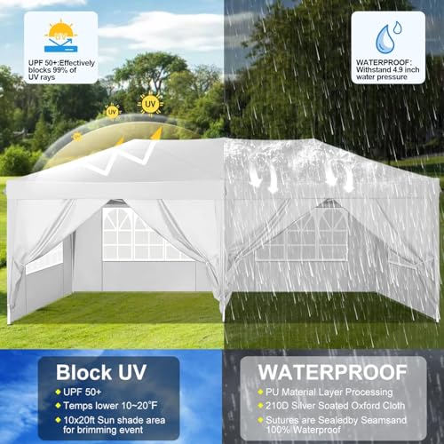COBIZI Canopy 10x20 Pop Up Canopy Tent with 6 Sidewalls Easy Pop Up Tent 10x20 Waterproof Commercial Instant Shelter UPF 50+ Portable Gazebo Wedding Tents for Parties Carport Vender Events - color: White, size: 10x20FT with 6 sidewalls