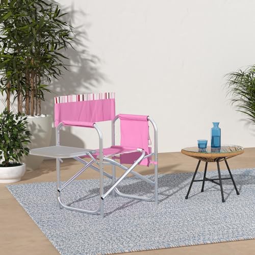 PICNIC TIME Sports Chair with Side Table and Armrest Caddy, Lightweight Aluminum Folding Outdoor Camping Chair for Adults, Portable Director Style Lawn Seating with Pockets & Carry Strap (Pink Stripe) - color: Pink With Pink Stripe Accents