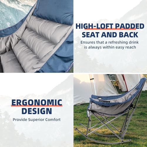 Oversized Rocking Camping Chair for Adults - 400lbs Capacity Padded Camp Chair with Cup Holder, Portable Foldable Outdoor Rocker Chair for Camping, Backyard, Patio (Blue & Gray) - color: Blue & Gray, size: 1 PCS