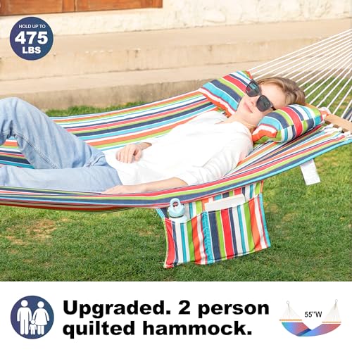 GAFETE Hammock 2 Person Quilted Fabric Hammocks for Outside, Double 12ft Hammocks with Spreader Bar, Large Removable Pillow, Storage Bag, Carabiners, Max 475 lbs Capacity (Tropical) - color: Tropical