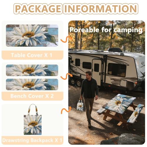 Picnic Table Cover with Bench Covers Elastic Edges, Outdoor Patio Camping Essentials 72 Inch 3PCS, Waterproof Camping Fitted Tablecloth with Handbags (Wood flower) - color: Wooden board watercolor chrysanthemums