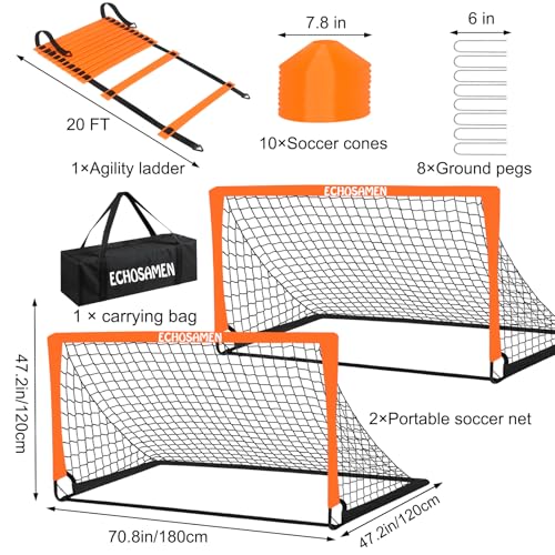 Kids Soccer Goals for Backyard, 2 of 6 x 4 ft Kids Soccer Goal Set Soccer Net with 10 Soccer Cones, Agility Ladder & Carry Bag, Portable Soccer Training Equipment. - color: Orange