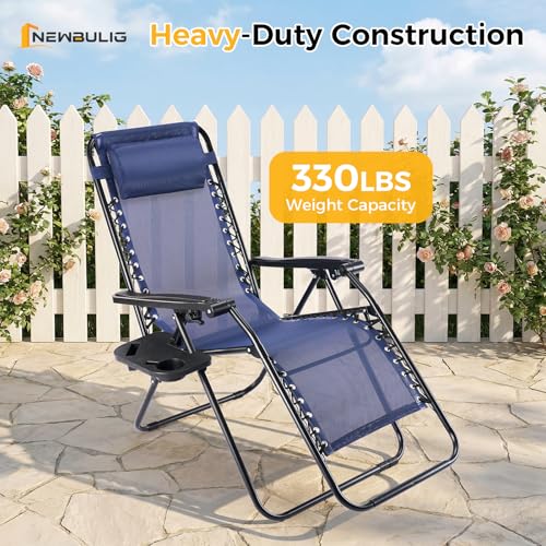 NEWBULIG Zero Gravity Chair Set of 2, Lounge Chair Folding Portable Adjustable Camping Reclining Chairs with Adjustable Pollow, Mesh Back, Cup Holder Trays Lawn Patio Chair for Pool Beach - Blue - color: Modern Blue, size: 2 Pack