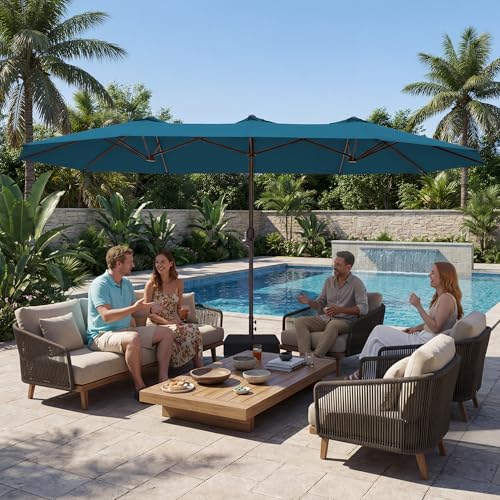 JEAREY 15ft Large Patio Umbrella with Base, Outdoor Rectangle Umbrella Double-Sided Market Umbrella with Stand for Pool, Deck, Backyard and Garden, Lake Blue - color: Lake Blue