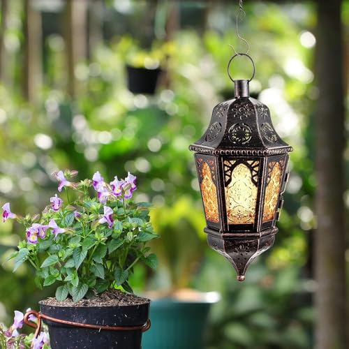 Ramadan Lantern Decorative Indoor & Outdoor, 13.6’’ Vintage Decorative Hanging Lanterns with Chian for Home Porch Patio Decor, Metal Christmas Moroccan Candle Holder Decorations (Amber) - color: Amber