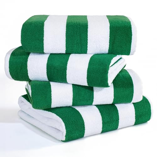 American Soft Linen Cabana Striped Beach Towels, 30x60 inch 4 Piece Oversize Pool Towels, Quick Drying Sand Free Swim Towels, Moss Green - color: Green