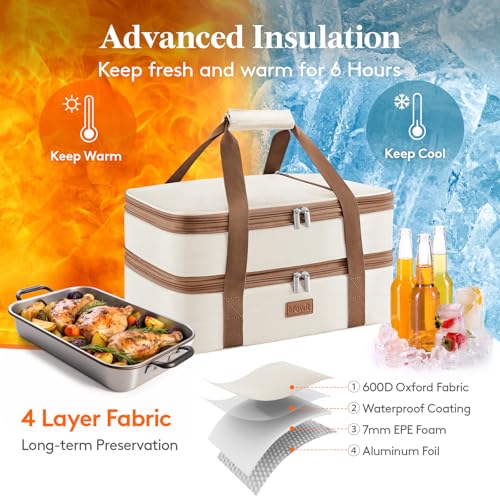 Lifewit Insulated Double Decker Casserole Carrier, Expandable Lasagna Lugger Tote Bag for Hot or Cold Food, Fits 9" x 13" Baking Dish for Potluck Parties, Picnic and Cookouts, Cream - color: Cream
