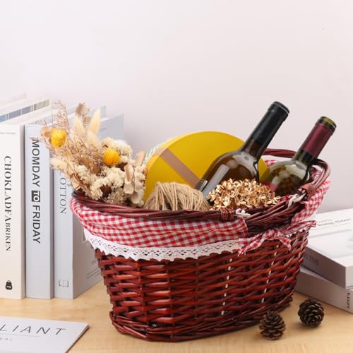 1 Pack 14.2 Inch Brown Wicker Basket with Checkered Lining, Oval Wicker Woven Basket with Handle, Willow Woven Picnic Baskets for Picnic, Camping, Party - size: 1 Pack 14.2in Brown