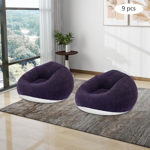 9 Pcs Inflatable Bean Bag 264.55 lbs Capacity Indoor and Outdoor Portable Foldable Flocking Fabric Inflatable Sofa Games Chairs with 2 Foot Air Pump for Living Room Bedroom (Dark Blue) - color: Dark Blue