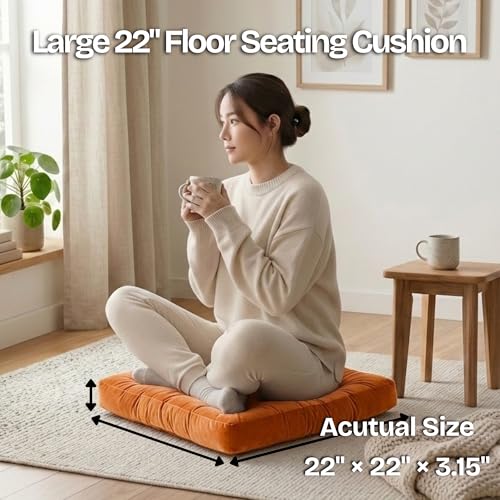 Meditation Cushion, Floor Cushion for Adults, Velvet Floor Pillow for Sitting, Tufted Seat Cushion for Yoga, Living Room, Bedroom & Reading Nook, Machine Washable, 22 x 22 Inch, Orange - color: Orange, size: 1pack