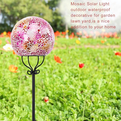 VCUTEKA Solar Outdoor Lights Garden Decor Mosaic Solar Garden Lights Waterproof Glass Ball LED Pathway Stake Light for Landscape Lawn Patio Yard Decoration 6 inch, Pink - color: Pink