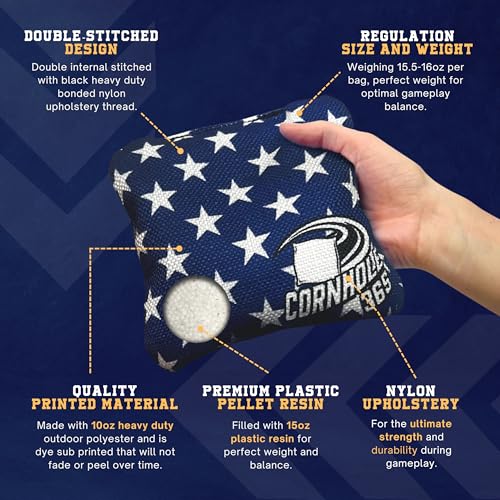 Cornhole365 Themed Cornhole Bag - All-Weather, Heavy-Duty & Durable Polyester Fabric, Resin Filling, Double-Stitched Duck Cloth - Professional Cornhole Bean Bags for Indoor & Outdoor Use - Set of 8 - color: Stars & Stripes