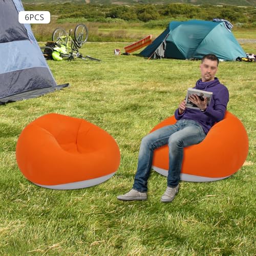 6 PCS Inflatable Bean Bag Chairs, Portable Blow up Lazy Sofa with Air Pump, Folding Inflatable Bean Bag Loungers Couch for Camping Movie Night Outdoor Lounging, Orange