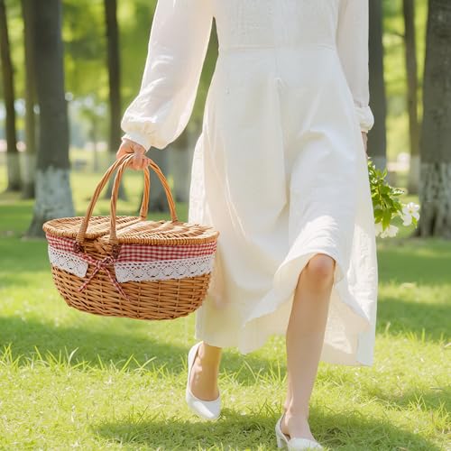 GRANNY SAYS Picnic Basket, Wicker Basket with Lid, Woven Cute Basket with Handle, Storage Basket with Washable Lining & Dual-Flid Lid, Natural Willow Picnic Hamper, Red Lining - color: Red