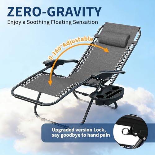 Garvee Zero Gravity Chair Set of 2, Patio Lounge Chair Outdoor with Pillow & Cup Holder Tray, Adjustable Reclining Chair, Folding Portable Camping Chair for Deck, Beach, Yard, Garden - Gray - color: Grey