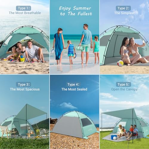 Elegear CumbreX™ Beach Tent Sun Shelter with Canopy, 4-5 Person Pop Up Beach Tent, Easy Setup UPF 50+ UV Protection Portable Lightweight Double Silver Coating Cabana Sun Shade Shelter - Green - color: Green, size: 4-5 Person