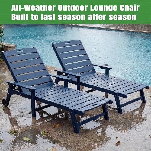 Outdoor Lounge Chair Set of 4 with 5-Position Adjustable, Outside Lounge Chair with Cup Holder, Wheels for Easy Mobility, HDPE Tanning Chair for Poolside, Patio, Blue - color: Blue, size: 4pc