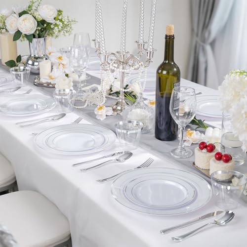 150 PCS Silver Disposable Dinnerware Set for 25 Guests, Silver Plastic Plates for Party, Including 25 Dinner Plates, 25 Salad Plates, 25 Cups, 25 Forks Knives Spoons for Wedding and Party Supplies - color: Silver, size: 25 Guests