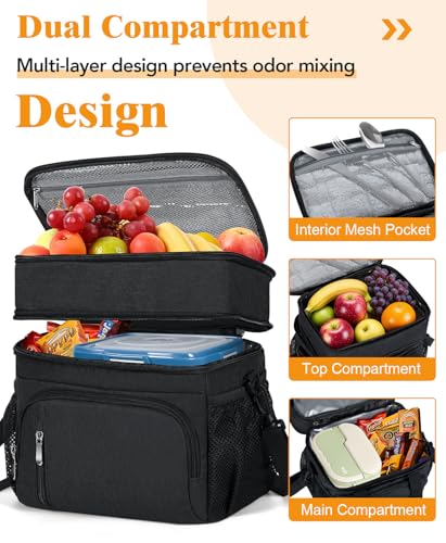 Insulated Lunch Bag for Men & Women, Double Leakproof Lunch Box Soft Cooler Tote with 5 Pockets, 600D Oxford, EVA Lining, Adjustable Strap for Work, Picnic, Beach&Travel-Black - color: Black, size: Double