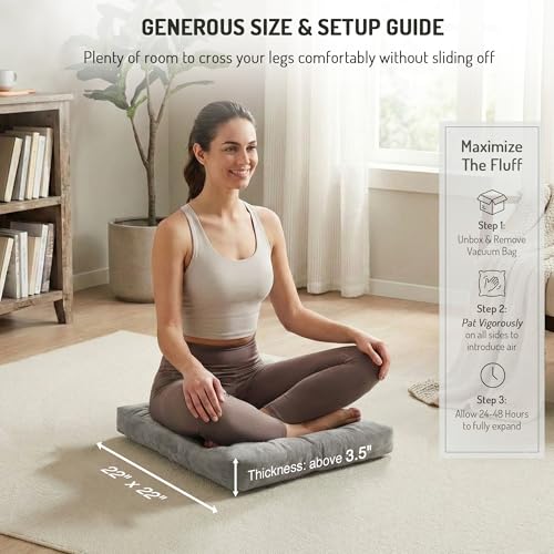 Degrees of Comfort Meditation Floor Pillow, Square Large Pillows Seating for Adults, Gray Tufted Corduroy Cushions for Yoga Reading Nook, Classroom and Living Room, Grey, 22x22 Inch - color: Square | Grey | 1 Pack, size: 1 Pack