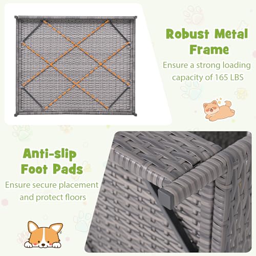 Giantex Outdoor Wicker Dog House with Roof Canopy, Elevated Rattan Dog Bed with Washable Cushion, Weatherproof Patio Pet Bed for Small Medium Dogs, Heavy Duty Metal Frame, 165 lbs, Gray - style: Gray House & Gray Cushion