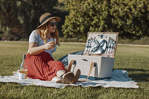 Picnic TIME Boardwalk Picnic Basket, Romantic Vintage English-Style Wooden Basket, Complete Deluxe Service for Four with Durable Canvas and Handwoven Lid - color: Beige Canvas With Navy Blue Accents for 2